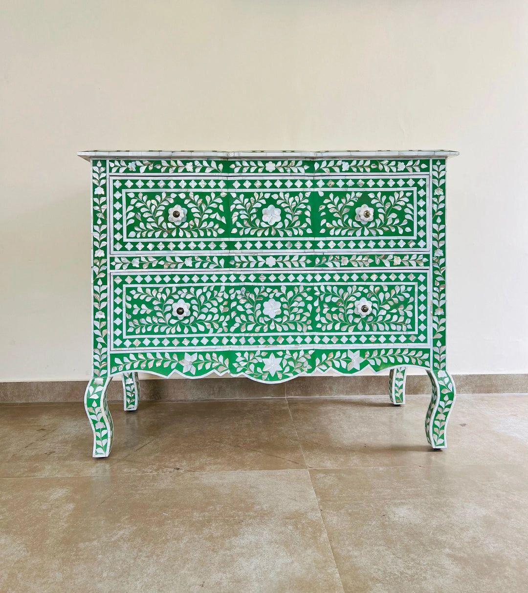 Jodha furniture Green Iconic French chest of drawer in mother of pearl